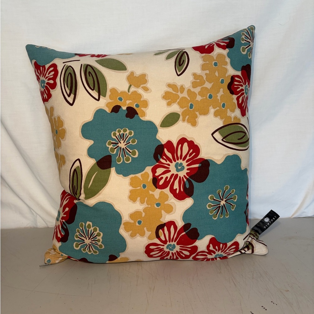 NEWPORT Floral Decorative Throw Pillow in Cream, Teal & Red 18X16